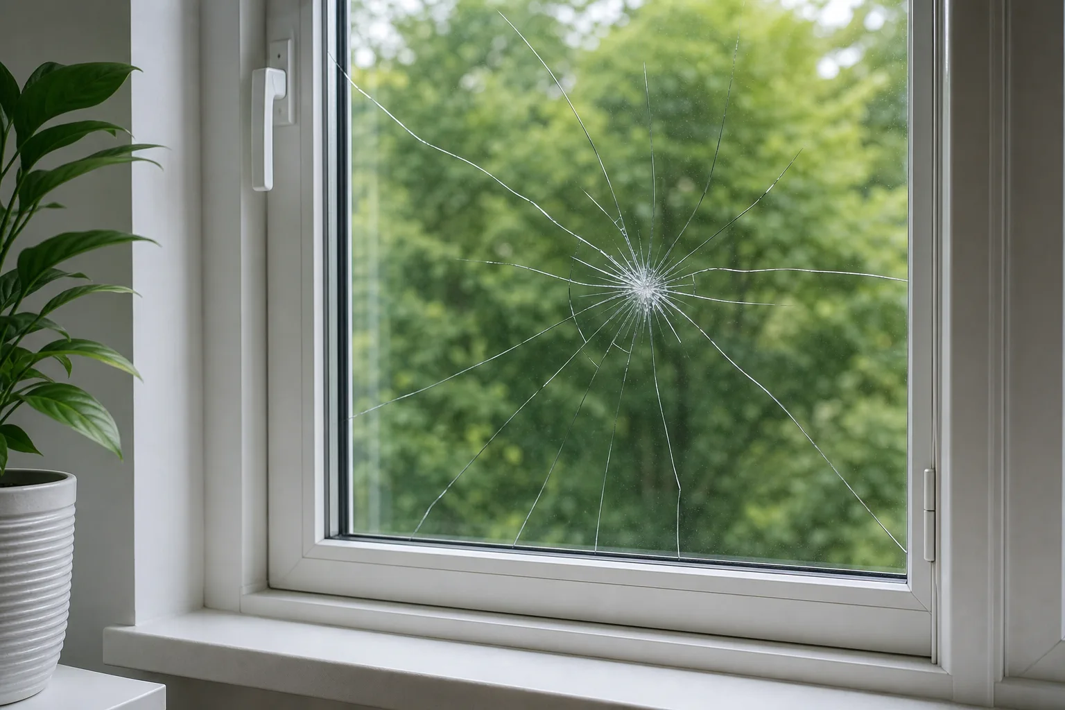 Cracked insulated window glass in an intact white frame