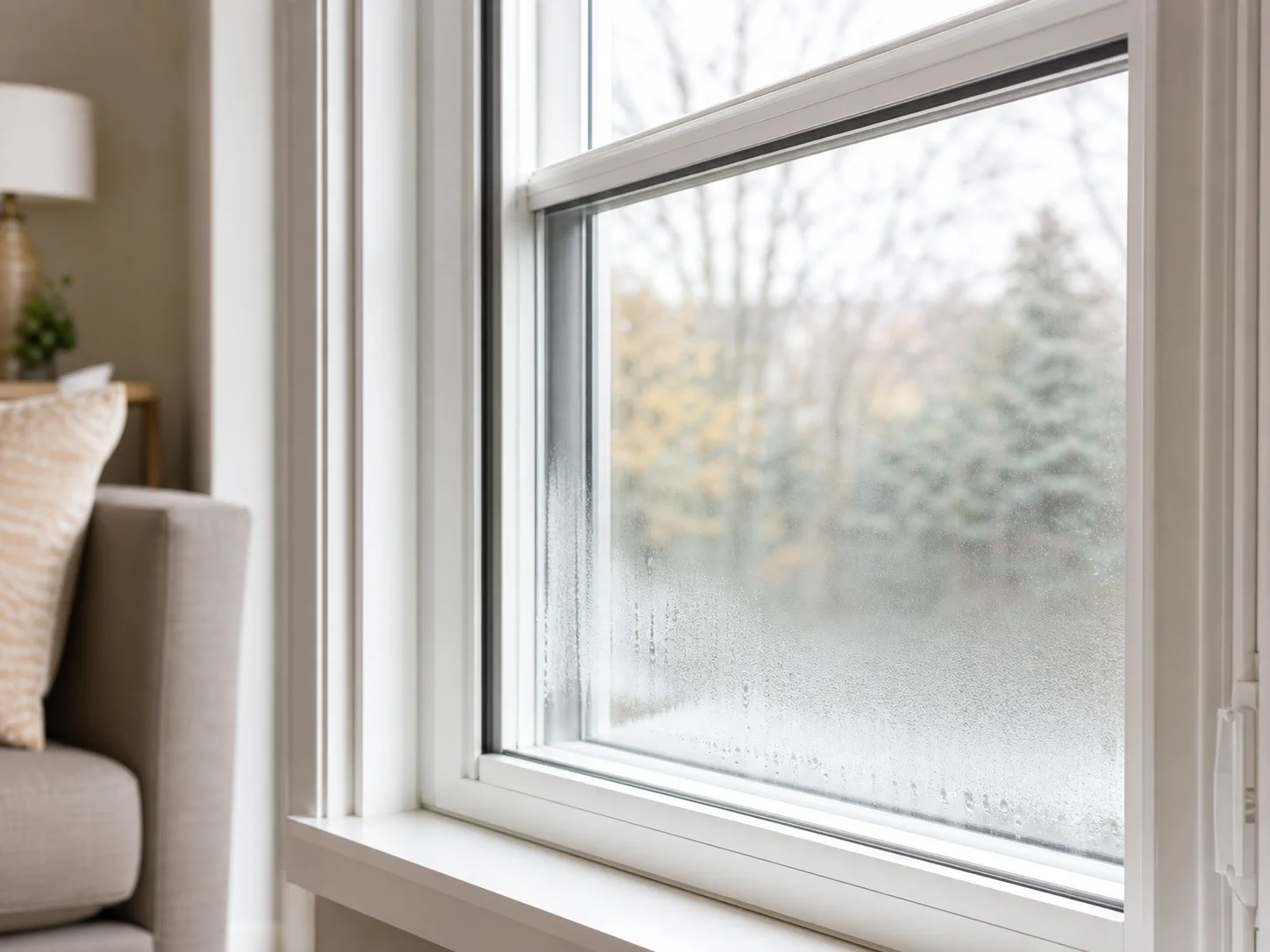 Close-up of condensation trapped inside a failed sealed glass unit