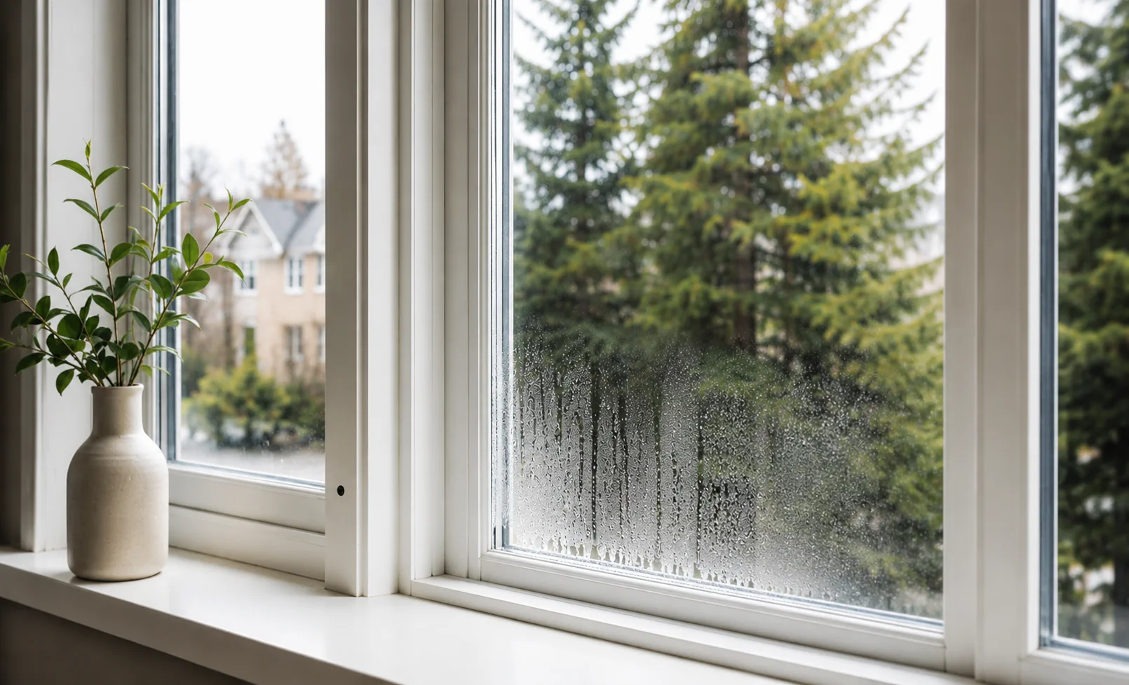 Foggy thermos window with condensation trapped between the panes