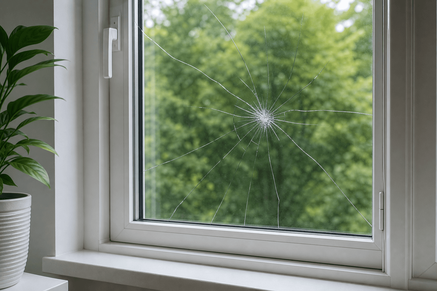 Cracked insulated window glass in an intact white frame