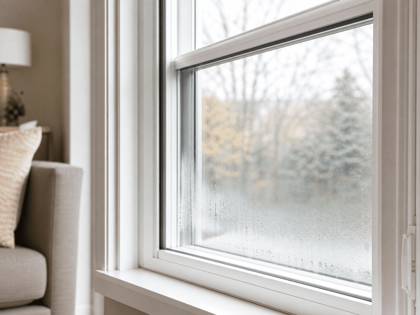 Close-up of condensation trapped inside a failed sealed glass unit
